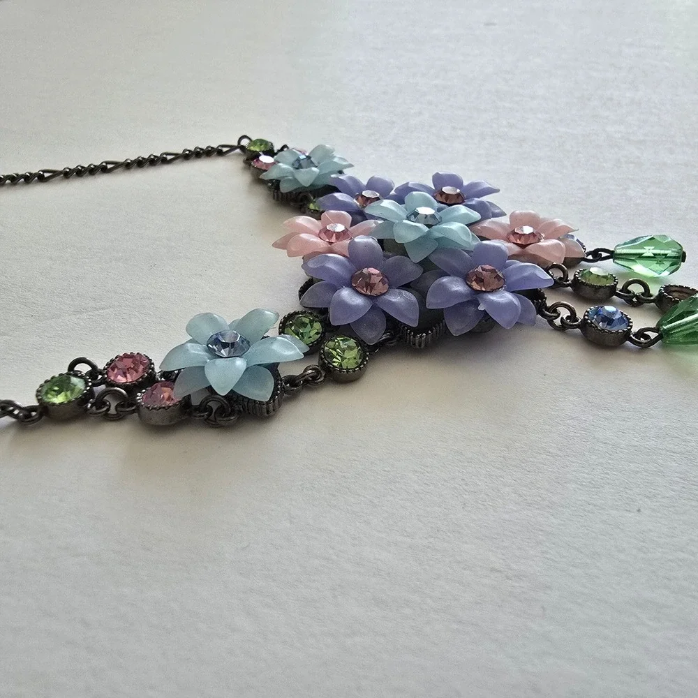 Floral Bib Necklace Earring Set Pastel Resin Flowers Gunmetal Rhinestone Jewelry